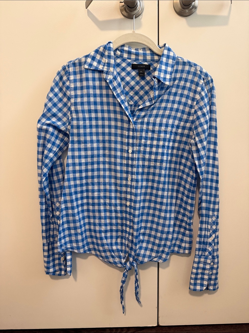 J. Crew Blue and White Gingham Tie-Front Button-Down Shirt